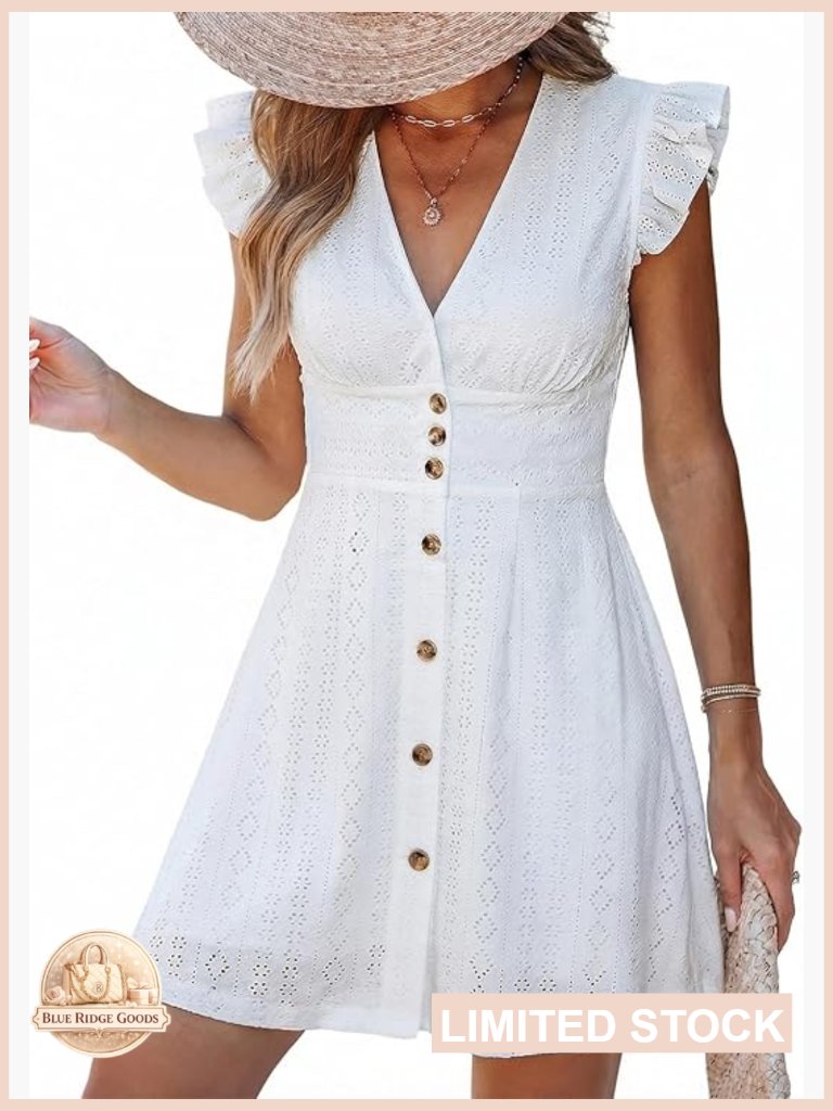 Flutter Sleeve Mini Sundress V Neck Ruffle Button Casual Summer Chic